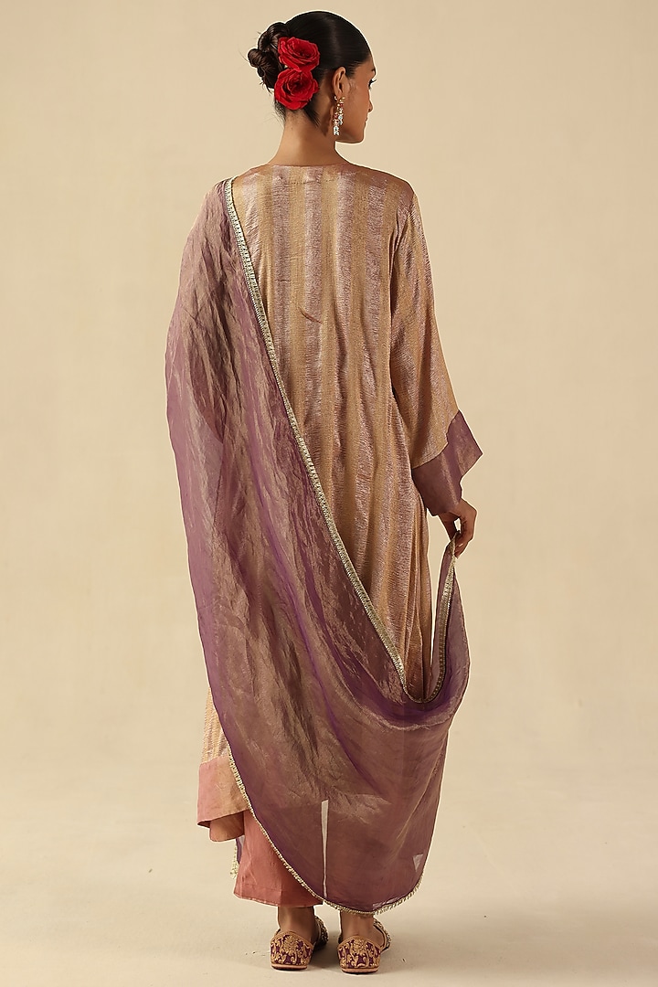 Rose Pink Zari Silk Tissue Woven Striped Kurta Set by Begum Pret at Pernia's Pop Up Shop