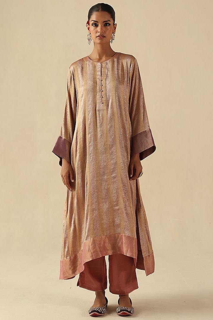 Rose Pink Zari Silk Tissue Woven Striped Kurta Set by Begum Pret at Pernia's Pop Up Shop