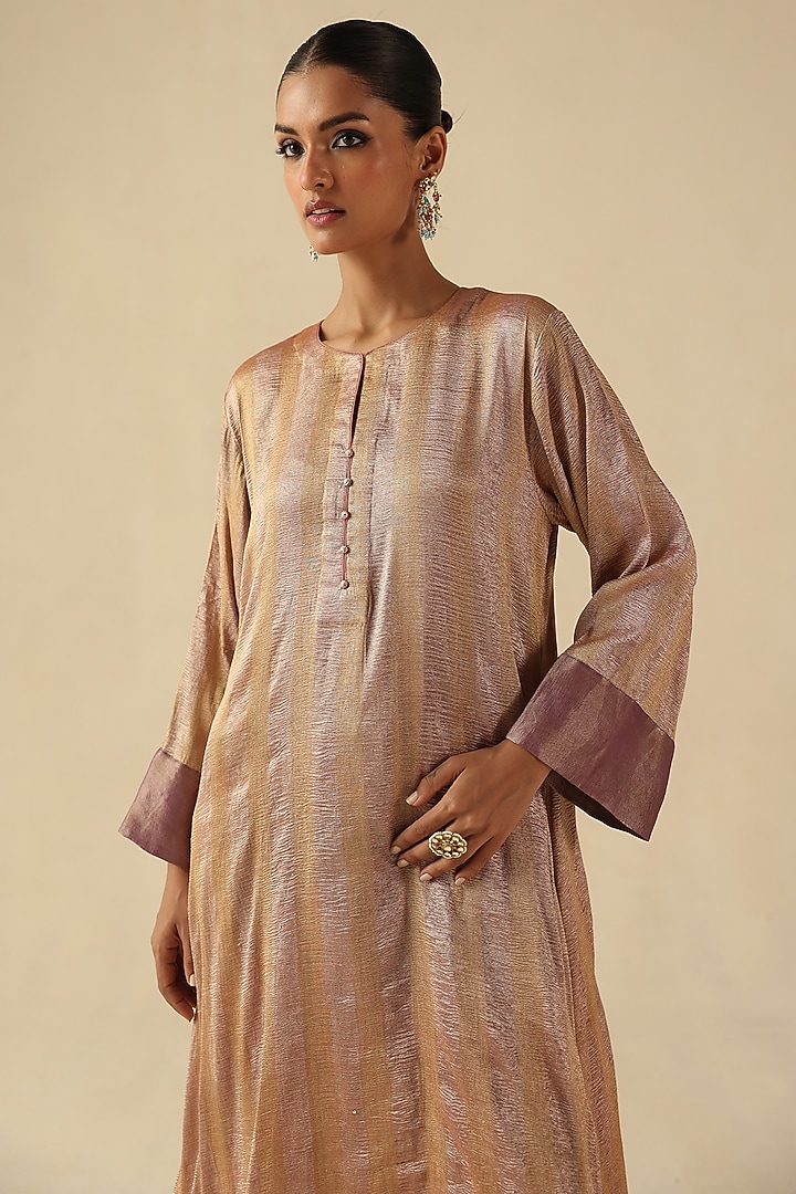Rose Pink Zari Silk Tissue Woven Striped Kurta Set by Begum Pret at Pernia's Pop Up Shop