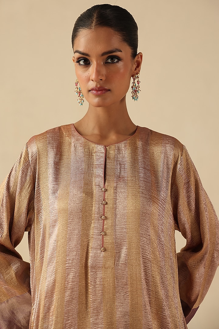 Rose Pink Zari Silk Tissue Woven Striped Kurta Set by Begum Pret at Pernia's Pop Up Shop