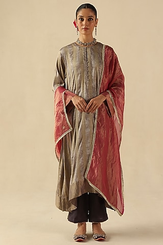 Silver Zari Silk Tissue Woven Striped Kurta Set by Begum Pret