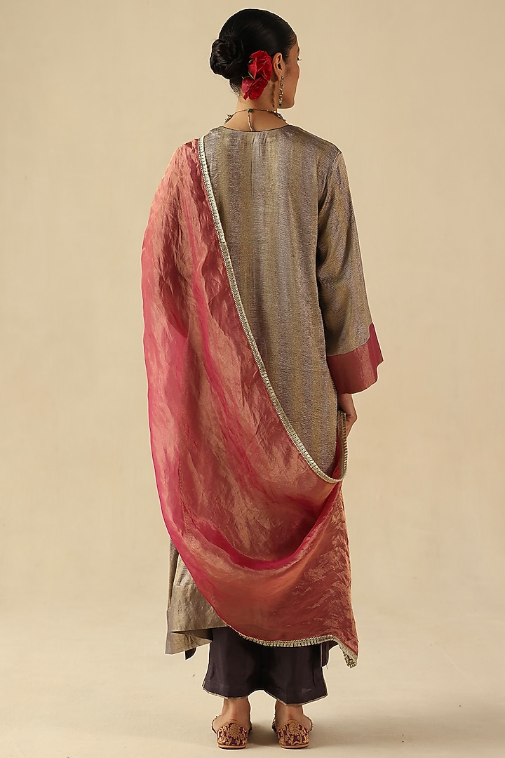 Silver Zari Silk Tissue Woven Striped Kurta Set by Begum Pret at Pernia's Pop Up Shop