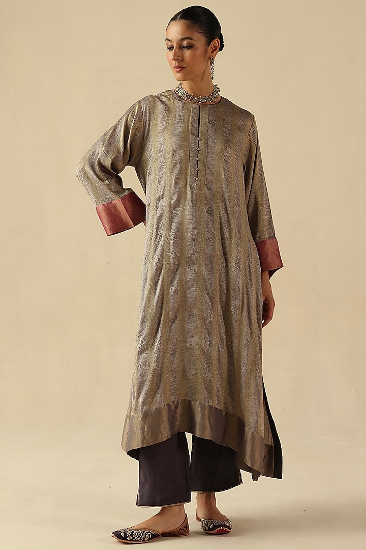 Silver Zari Silk Tissue Woven Striped Kurta Set by Begum Pret at Pernia's Pop Up Shop