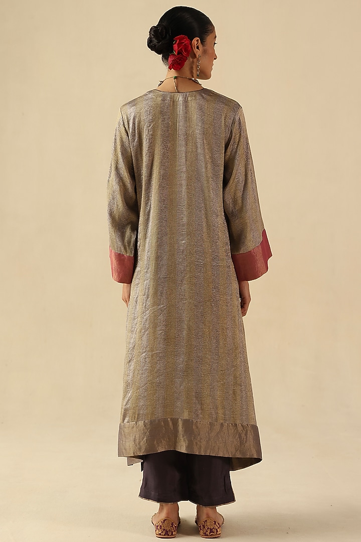 Silver Zari Silk Tissue Woven Striped Kurta Set by Begum Pret at Pernia's Pop Up Shop