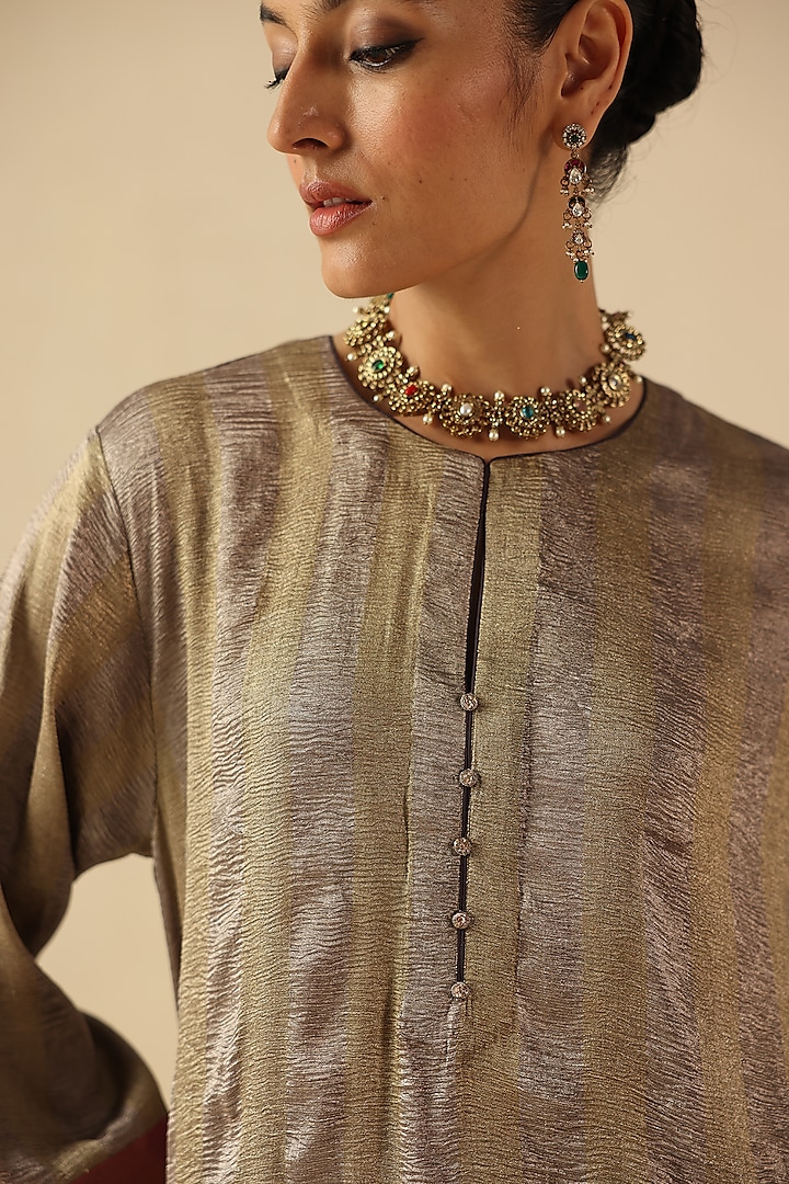 Silver Zari Silk Tissue Woven Striped Kurta Set by Begum Pret at Pernia's Pop Up Shop
