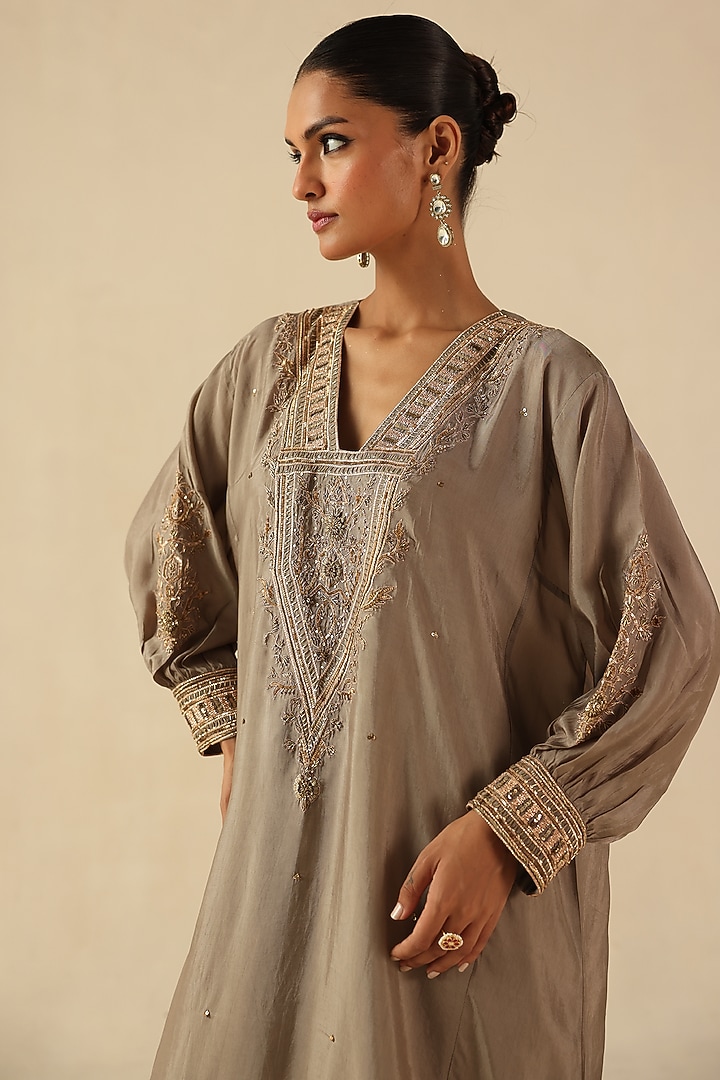 Golden Habutai Silk Hand Embroidered A-Line Kurta Set by Begum Pret at Pernia's Pop Up Shop