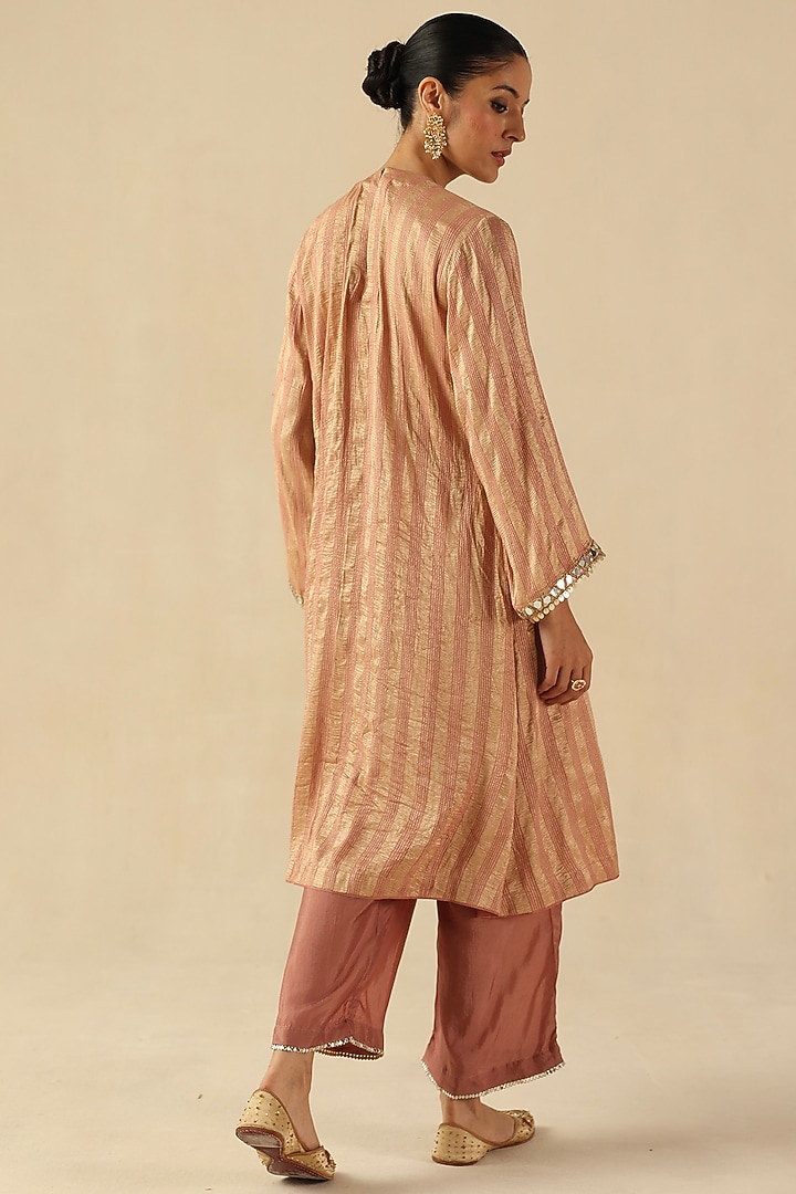Peach Zari Moonga Silk Mirror Hand Embroidered Kurta Set by Begum Pret at Pernia's Pop Up Shop