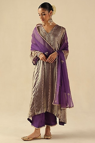 Purple Metallic Tissue Silk Cutdana Hand Embroidered Kurta Set by Begum Pret