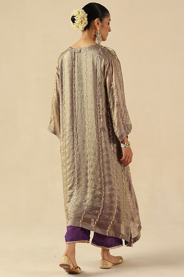 Purple Metallic Tissue Silk Cutdana Hand Embroidered Kurta Set by Begum Pret at Pernia's Pop Up Shop