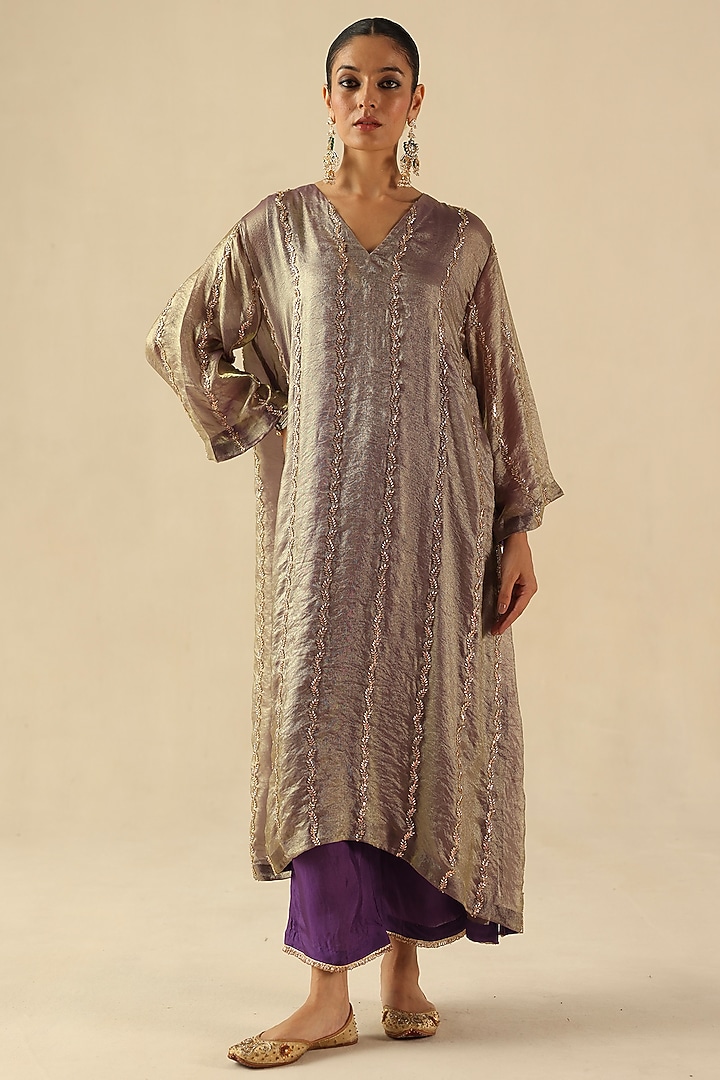 Purple Metallic Tissue Silk Cutdana Hand Embroidered Kurta Set by Begum Pret at Pernia's Pop Up Shop