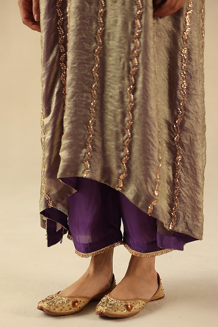 Purple Metallic Tissue Silk Cutdana Hand Embroidered Kurta Set by Begum Pret at Pernia's Pop Up Shop