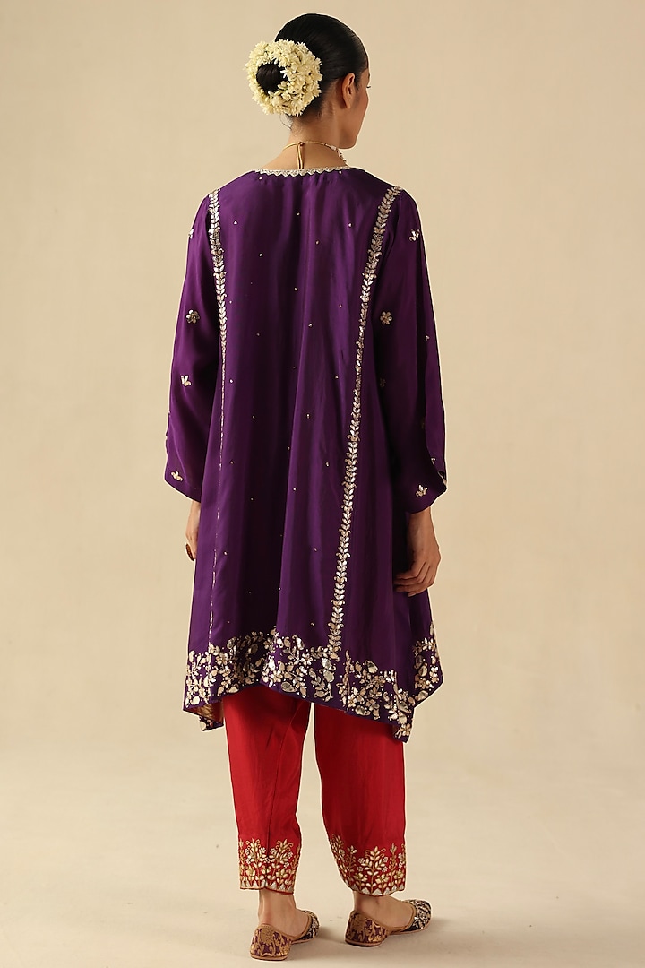 Purple Habutai Silk Gota Hand Embroidered A-Line Short Kurta Set by Begum Pret at Pernia's Pop Up Shop