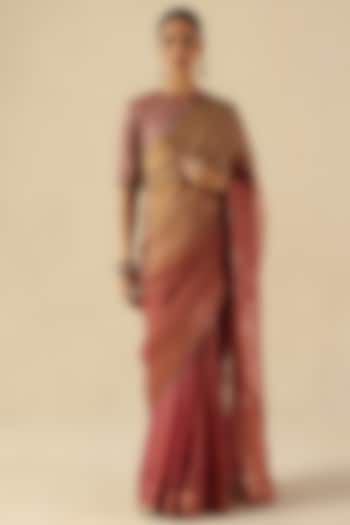 Peach Organza Tissue Silk Mukaish Embroidered Wedding Saree Set by Begum Pret at Pernia's Pop Up Shop