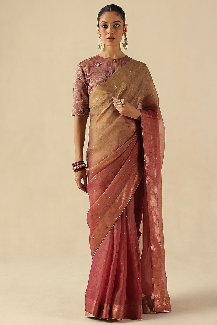Peach Organza Tissue Silk Mukaish Embroidered Wedding Saree Set by Begum Pret at Pernia's Pop Up Shop