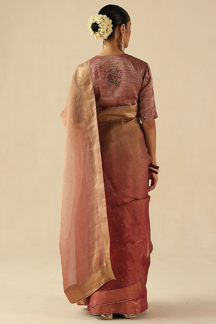 Peach Organza Tissue Silk Mukaish Embroidered Wedding Saree Set by Begum Pret at Pernia's Pop Up Shop