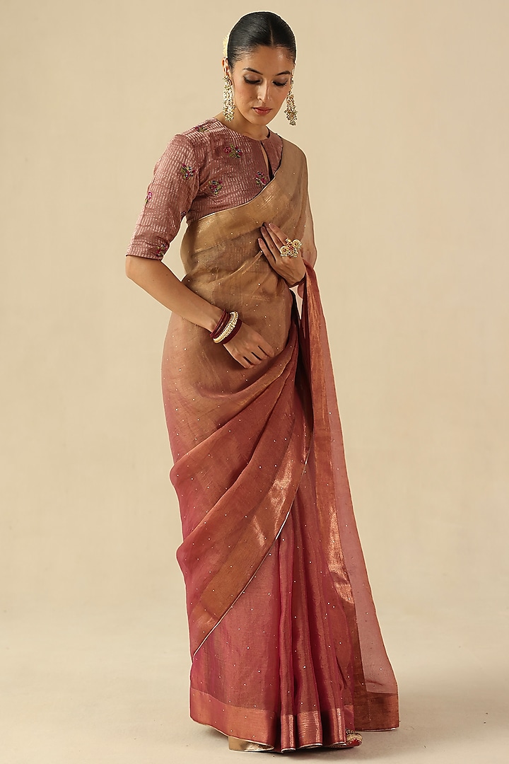 Peach Organza Tissue Silk Mukaish Embroidered Wedding Saree Set by Begum Pret at Pernia's Pop Up Shop