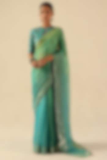 Turquoise Organza Tissue Silk Mukaish Embroidered Wedding Saree Set by Begum Pret at Pernia's Pop Up Shop