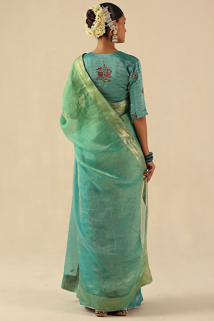 Turquoise Organza Tissue Silk Mukaish Embroidered Wedding Saree Set by Begum Pret at Pernia's Pop Up Shop
