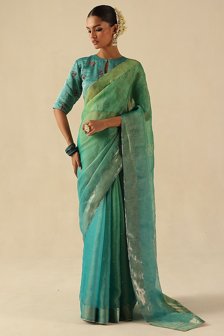 Turquoise Organza Tissue Silk Mukaish Embroidered Wedding Saree Set by Begum Pret at Pernia's Pop Up Shop