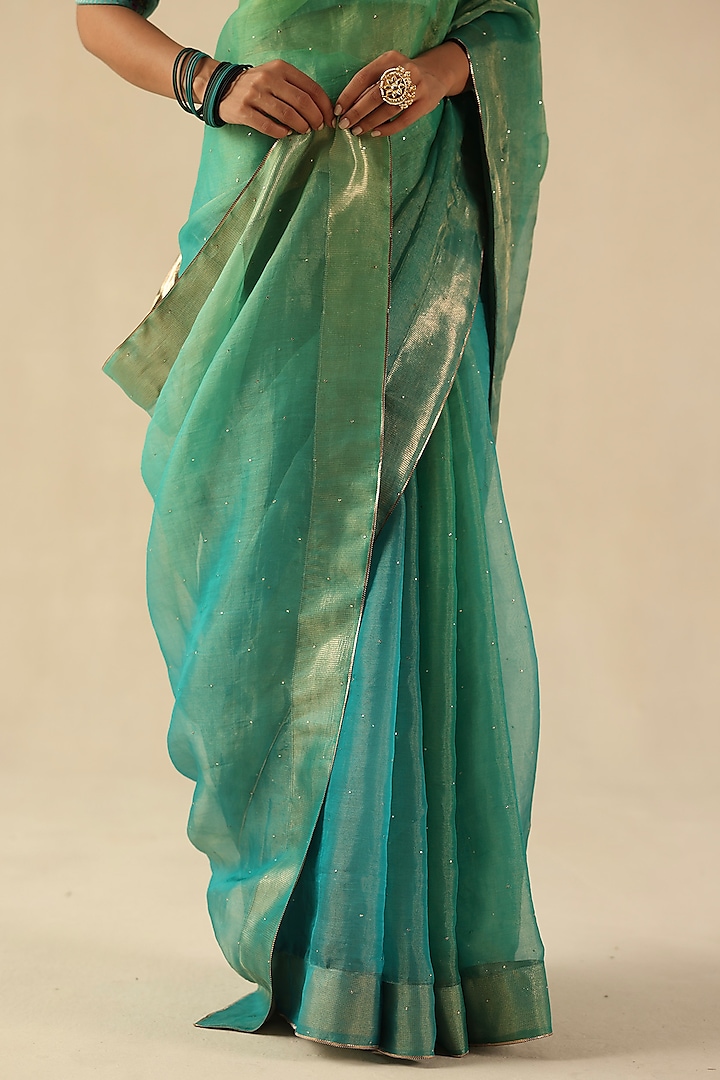 Turquoise Organza Tissue Silk Mukaish Embroidered Wedding Saree Set by Begum Pret at Pernia's Pop Up Shop