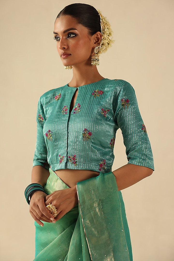Turquoise Organza Tissue Silk Mukaish Embroidered Wedding Saree Set by Begum Pret at Pernia's Pop Up Shop