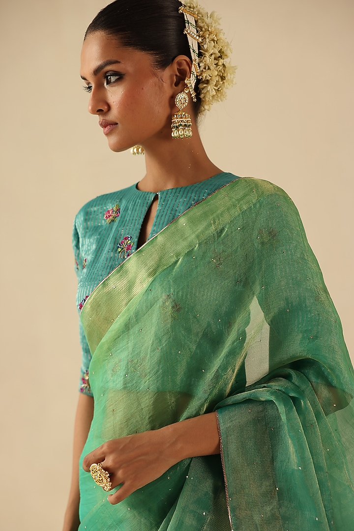 Turquoise Organza Tissue Silk Mukaish Embroidered Wedding Saree Set by Begum Pret at Pernia's Pop Up Shop