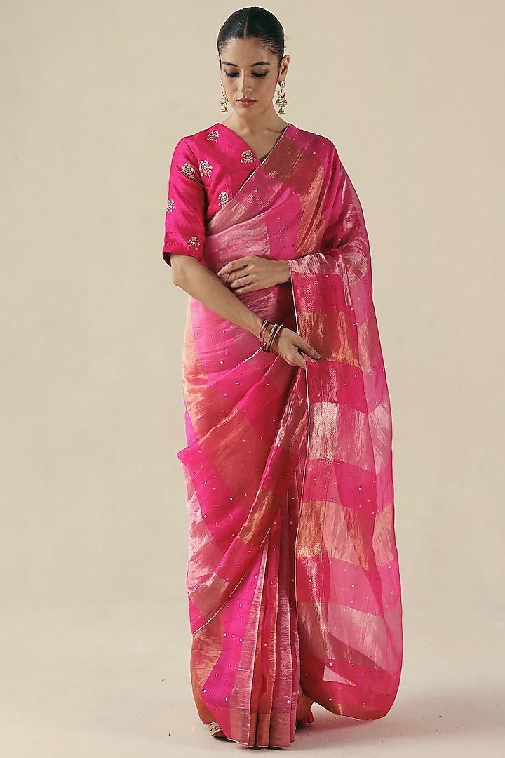 Fuchsia Metallic Tissue Organza Silk Mukaish Embroidered Wedding Saree Set by Begum Pret at Pernia's Pop Up Shop
