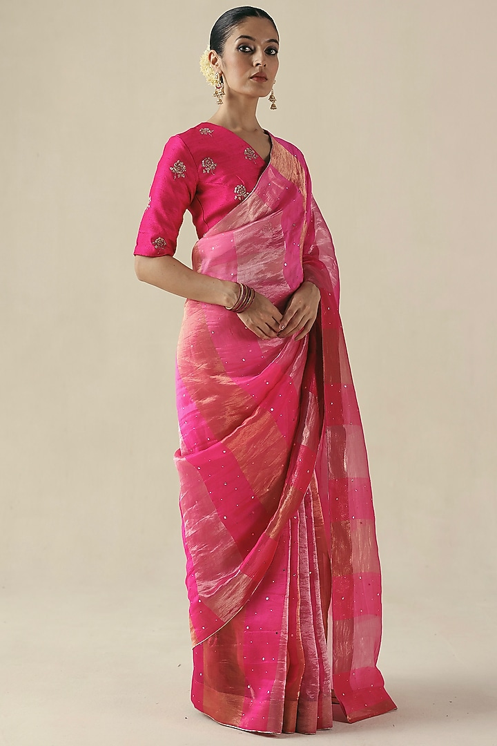 Fuchsia Metallic Tissue Organza Silk Mukaish Embroidered Wedding Saree Set by Begum Pret at Pernia's Pop Up Shop