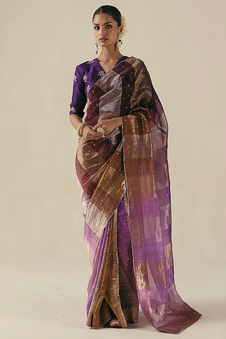 Purple Metallic Tissue Organza Silk Mukaish Embroidered Wedding Saree Set by Begum Pret at Pernia's Pop Up Shop