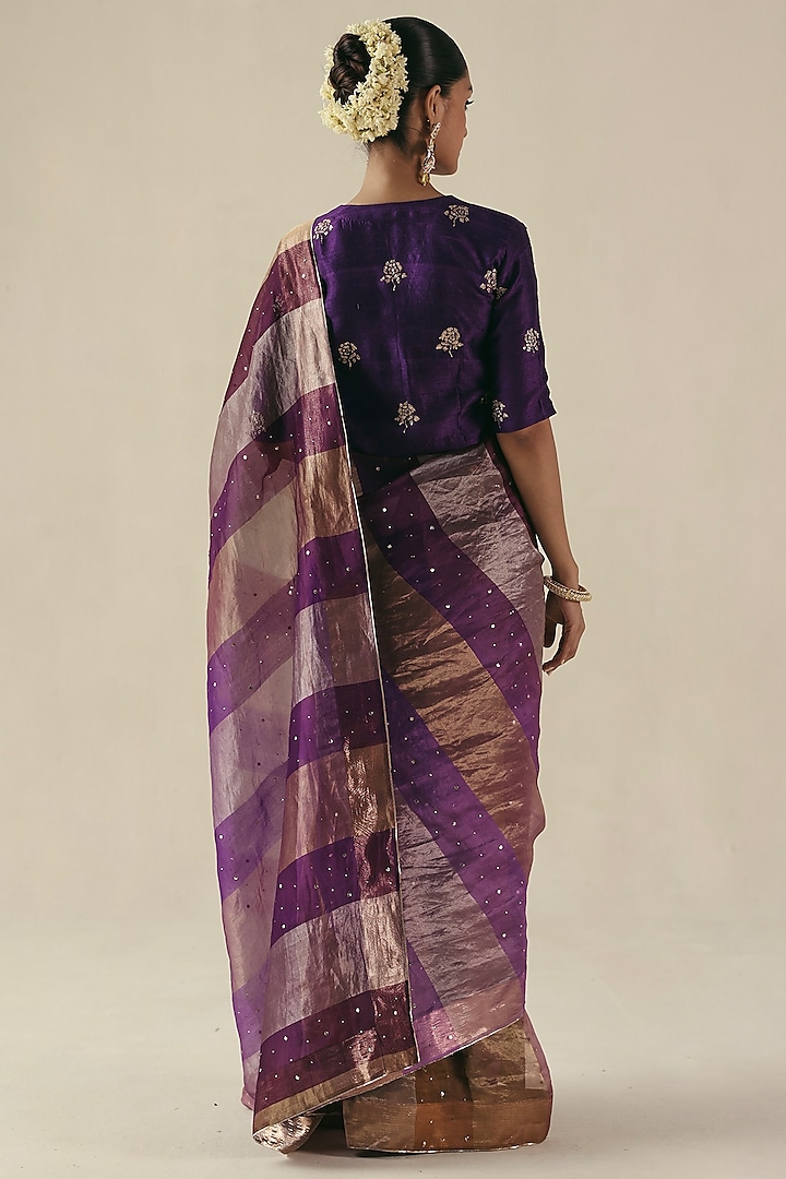 Purple Metallic Tissue Organza Silk Mukaish Embroidered Wedding Saree Set by Begum Pret at Pernia's Pop Up Shop