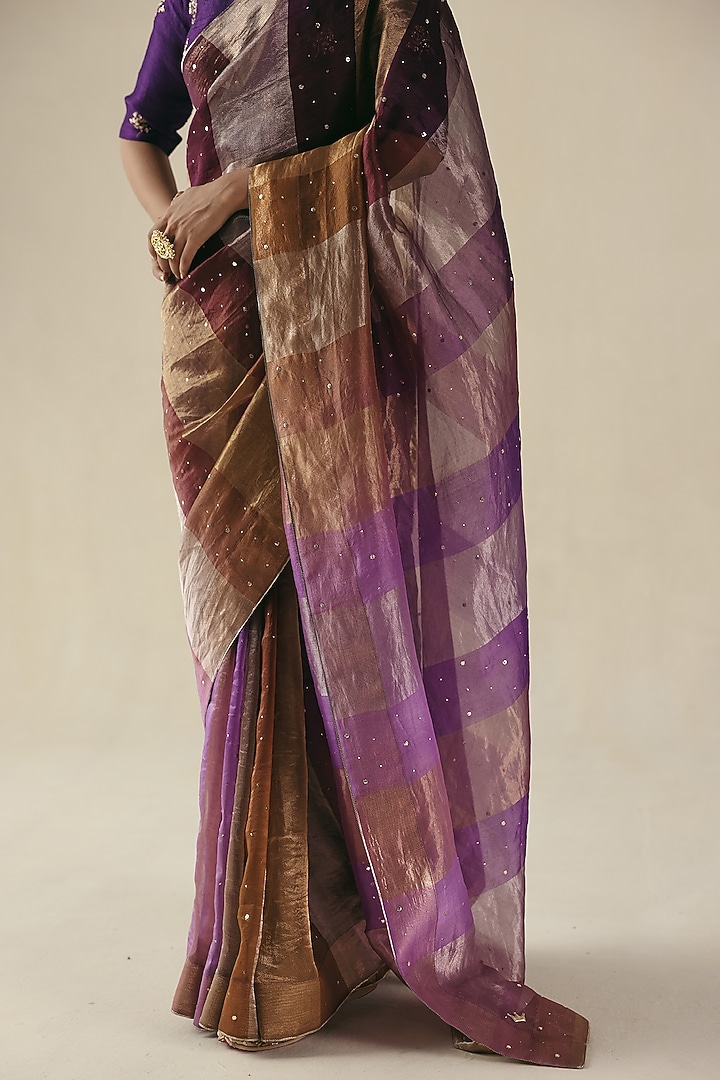 Purple Metallic Tissue Organza Silk Mukaish Embroidered Wedding Saree Set by Begum Pret at Pernia's Pop Up Shop