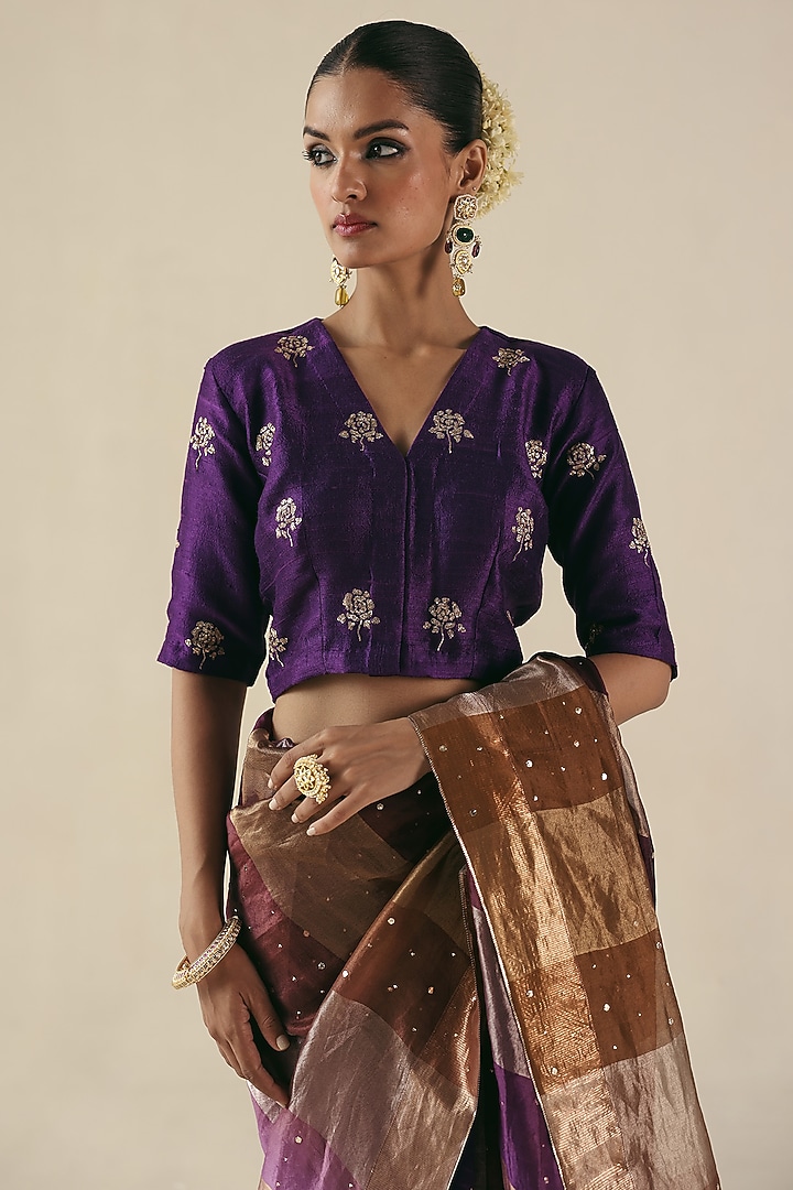 Purple Metallic Tissue Organza Silk Mukaish Embroidered Wedding Saree Set by Begum Pret at Pernia's Pop Up Shop