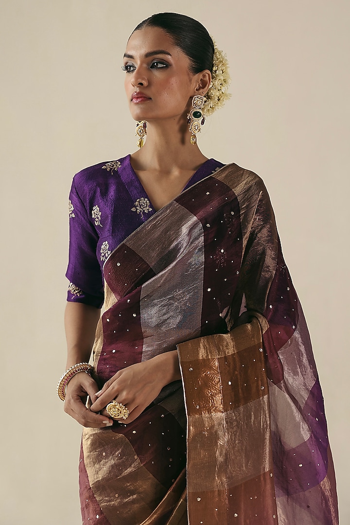 Purple Metallic Tissue Organza Silk Mukaish Embroidered Wedding Saree Set by Begum Pret at Pernia's Pop Up Shop