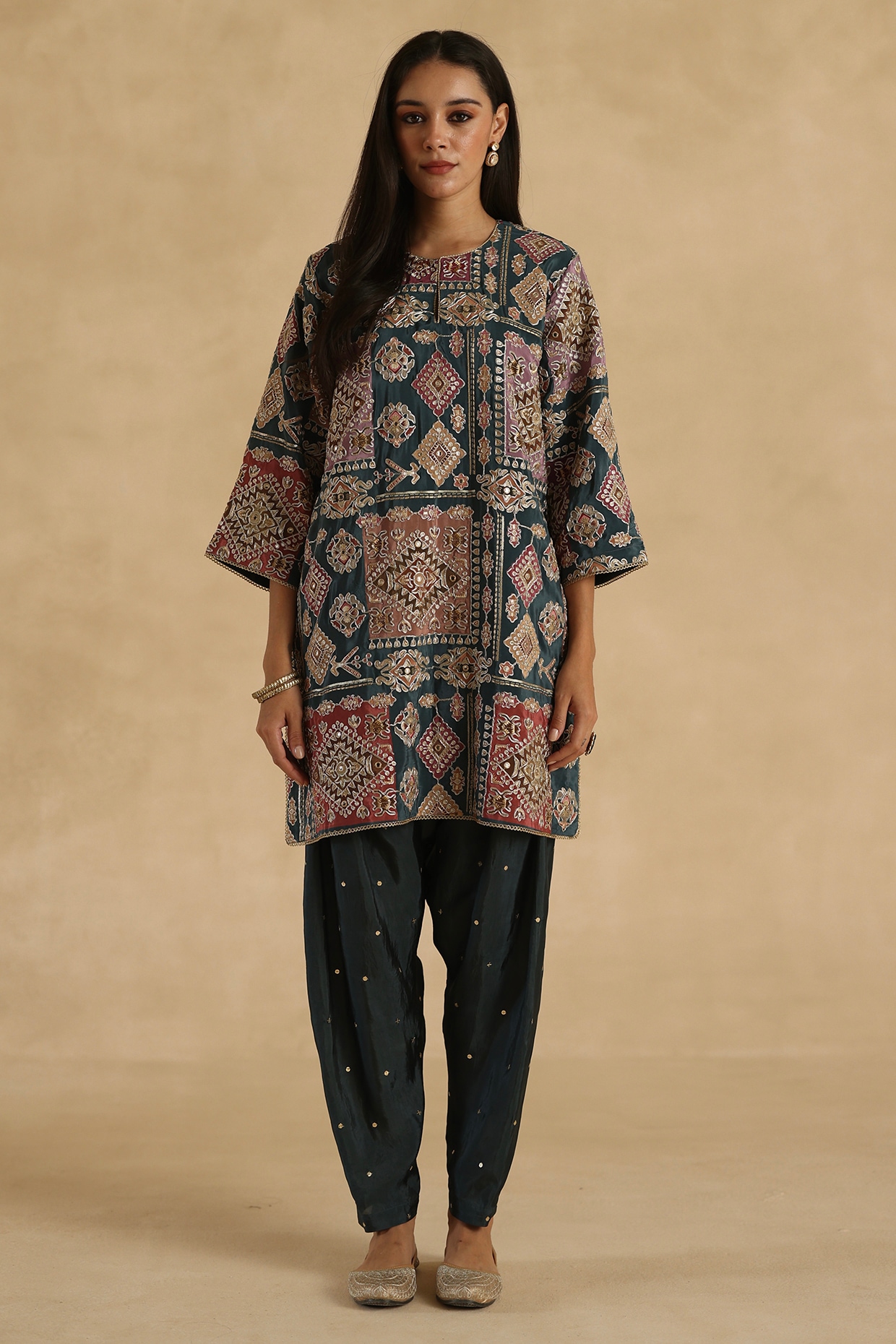 Begum Pret Blue Silk Zari Embroidered Kurta Set
