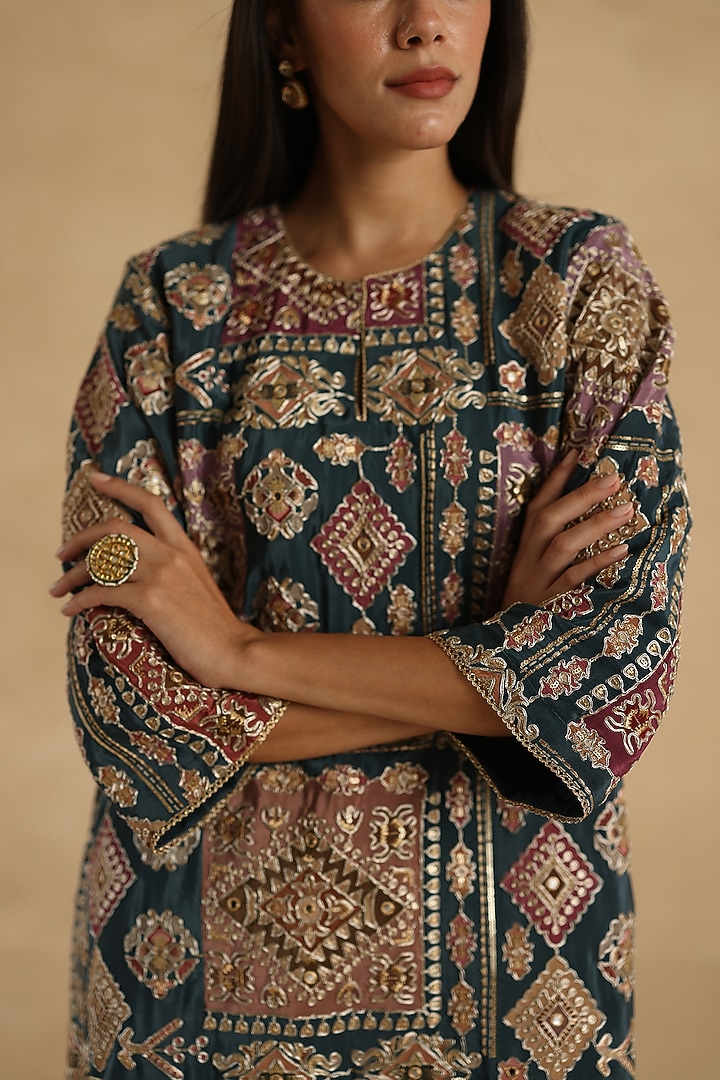 Blue Silk Zari Embroidered Kurta Set by Begum Pret at Pernia's Pop Up Shop