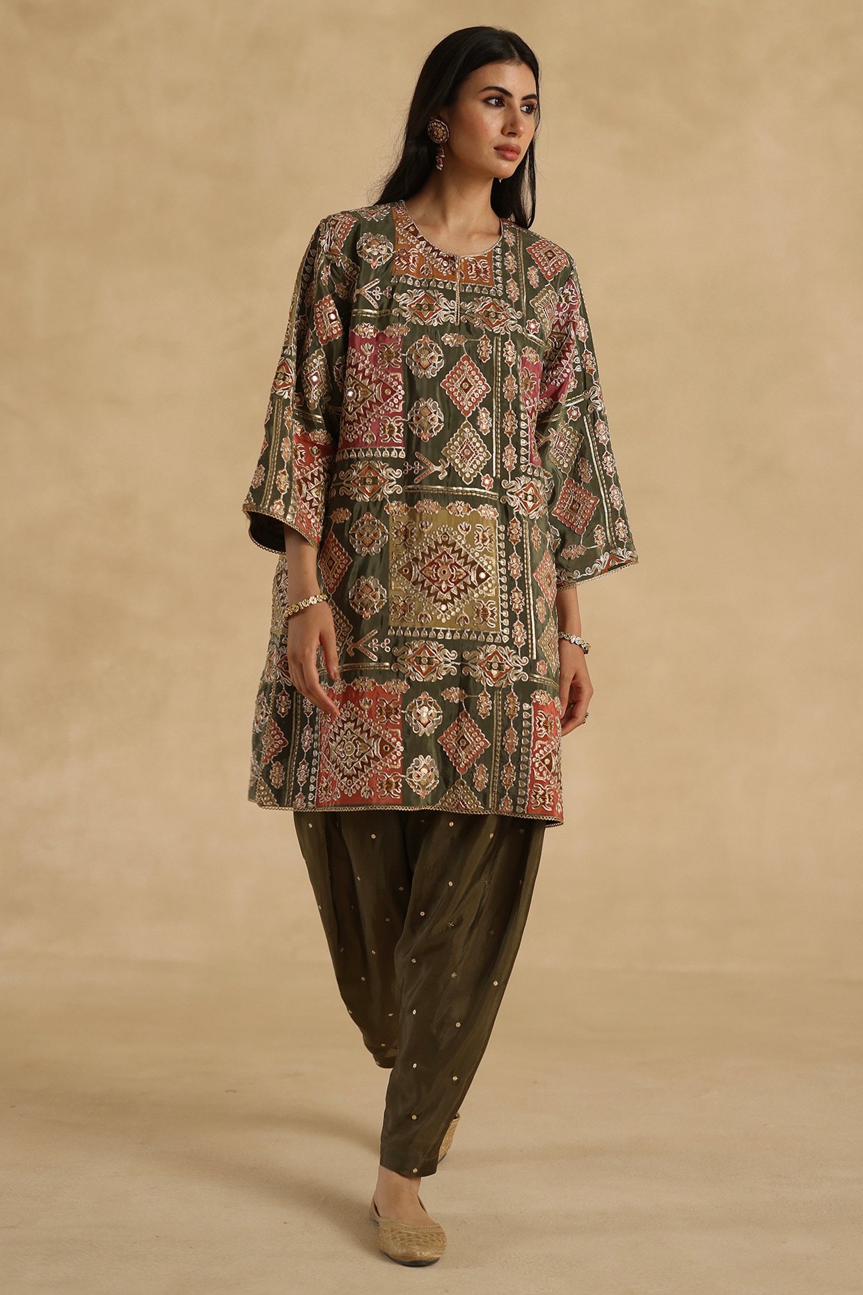 Begum Pret Olive Green Silk Zari Embroidered Kurta Set