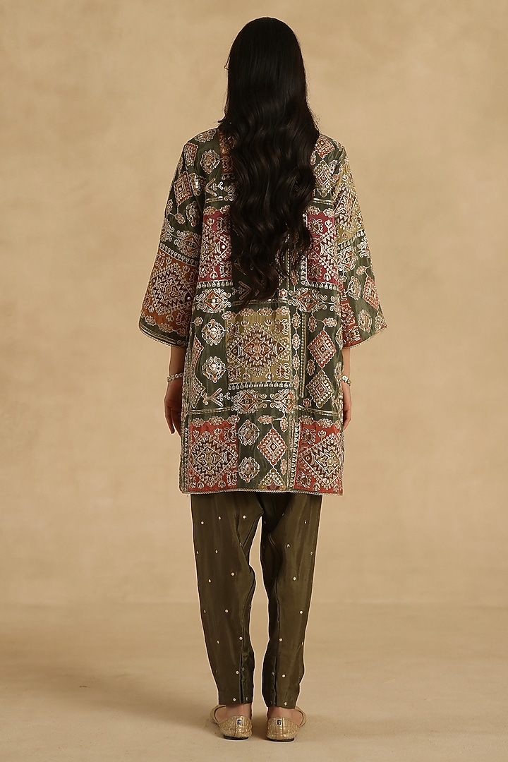 Olive Green Silk Zari Embroidered Kurta Set by Begum Pret at Pernia's Pop Up Shop