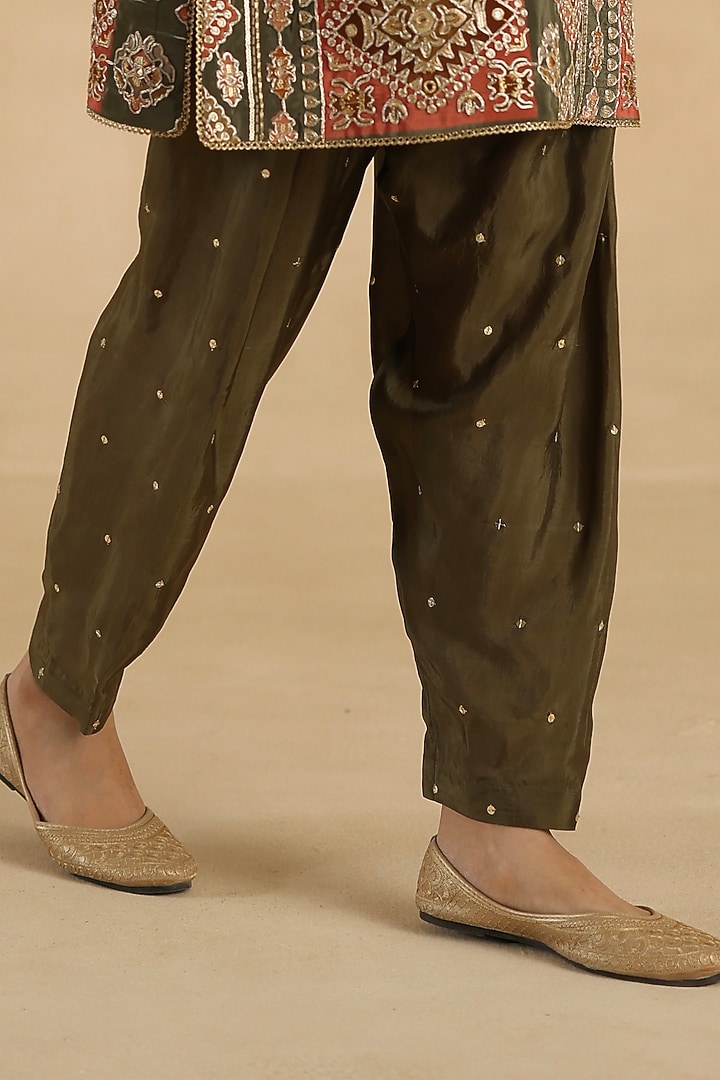 Olive Green Silk Zari Embroidered Kurta Set by Begum Pret at Pernia's Pop Up Shop