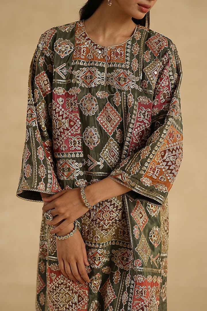 Olive Green Silk Zari Embroidered Kurta Set by Begum Pret at Pernia's Pop Up Shop