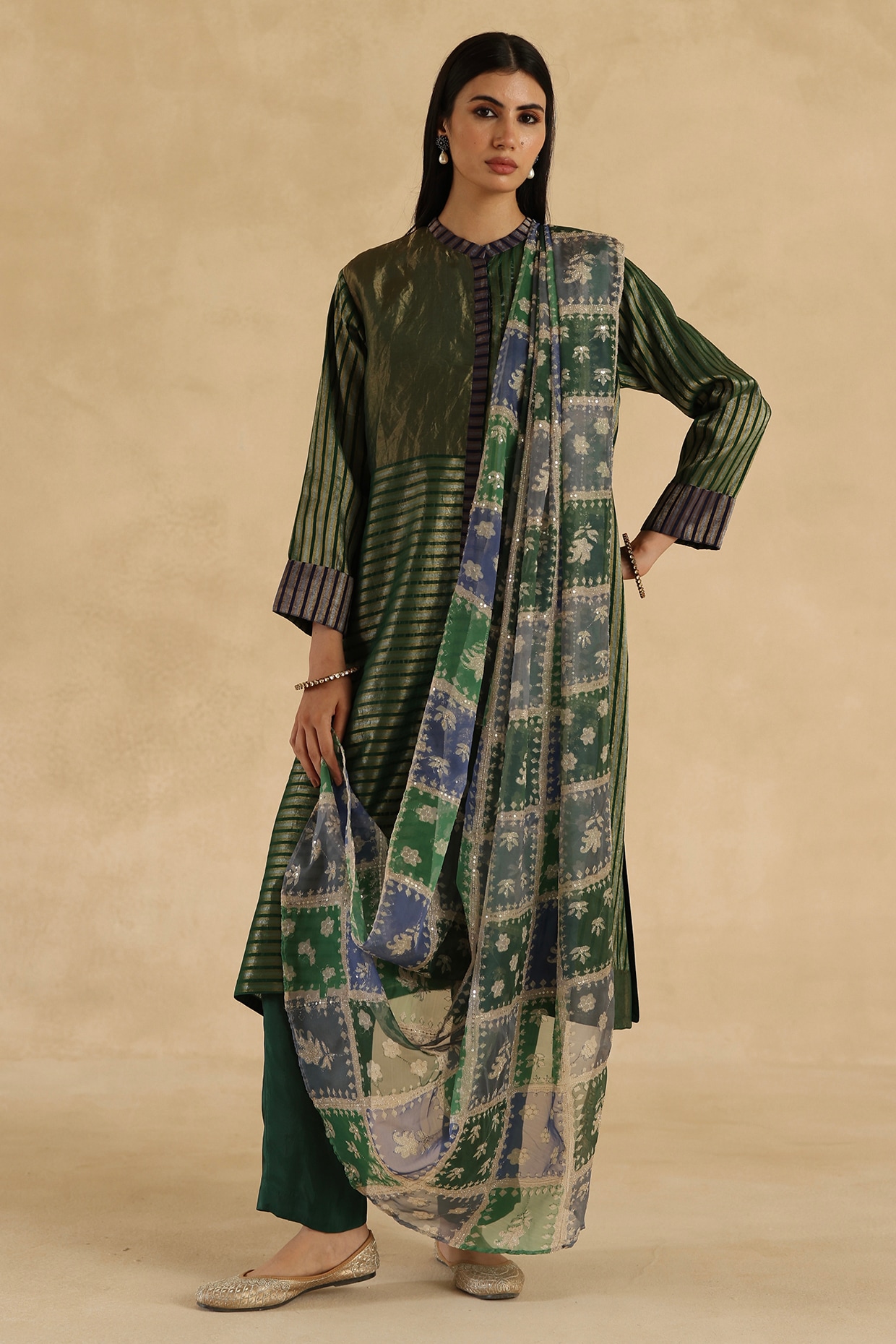 Begum Pret Green Zari Silk Bandhani Patchwork Kurta Set