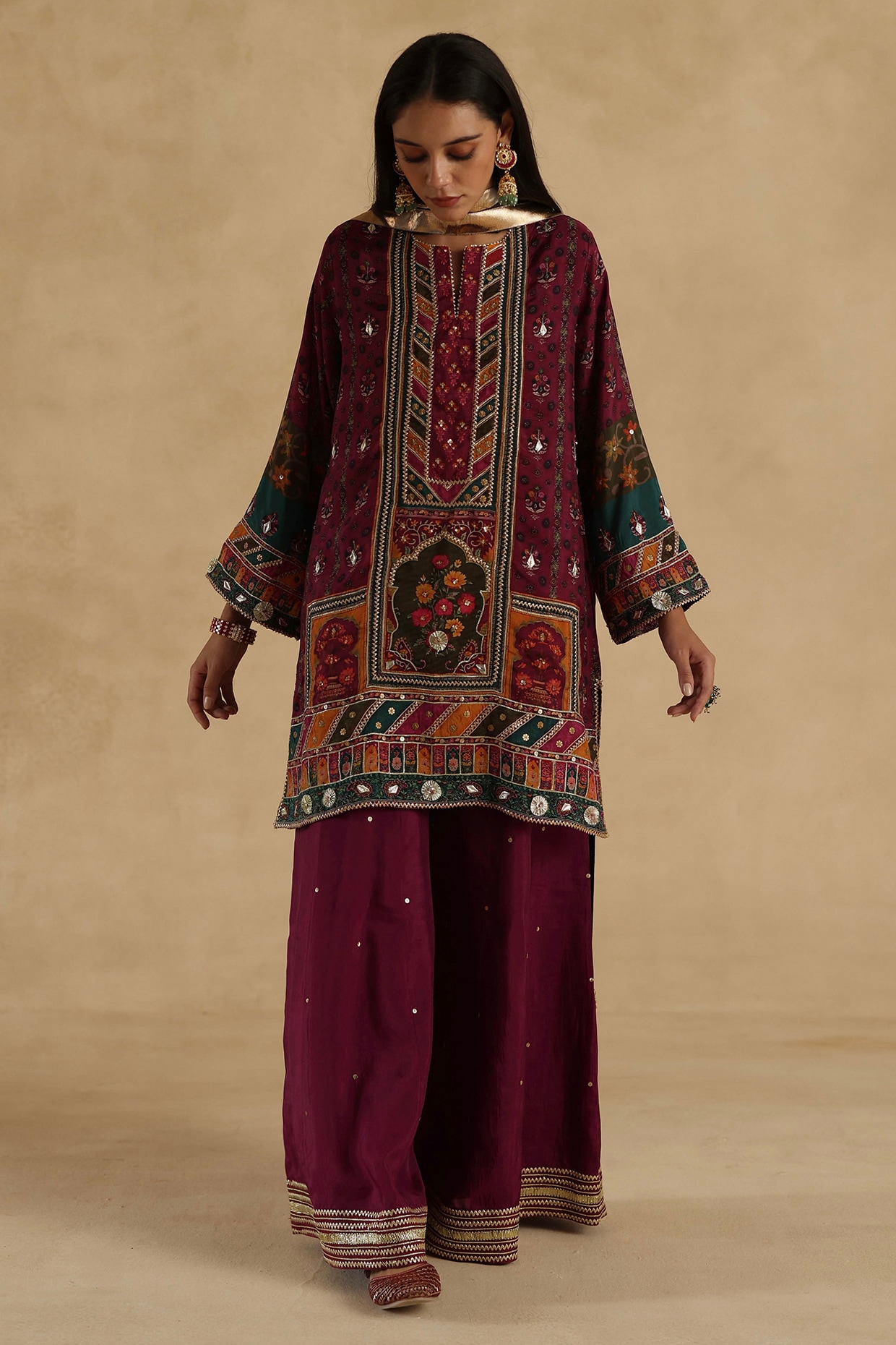 Begum Pret Multi-Colored Habutai Silk Zari Embroidered Sharara Set