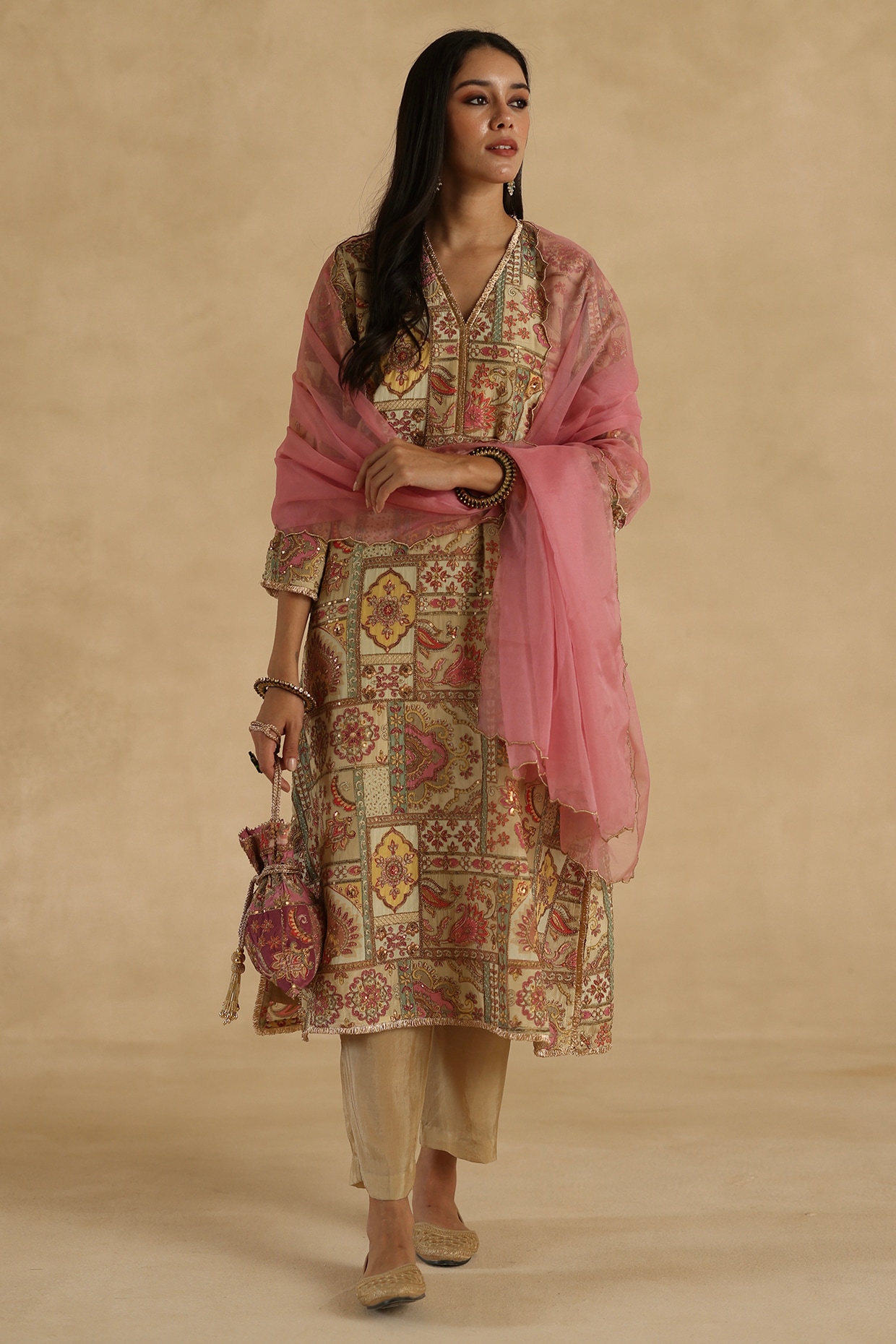 Begum Pret Ivory Silk Floral Embroidered Straight Kurta Set