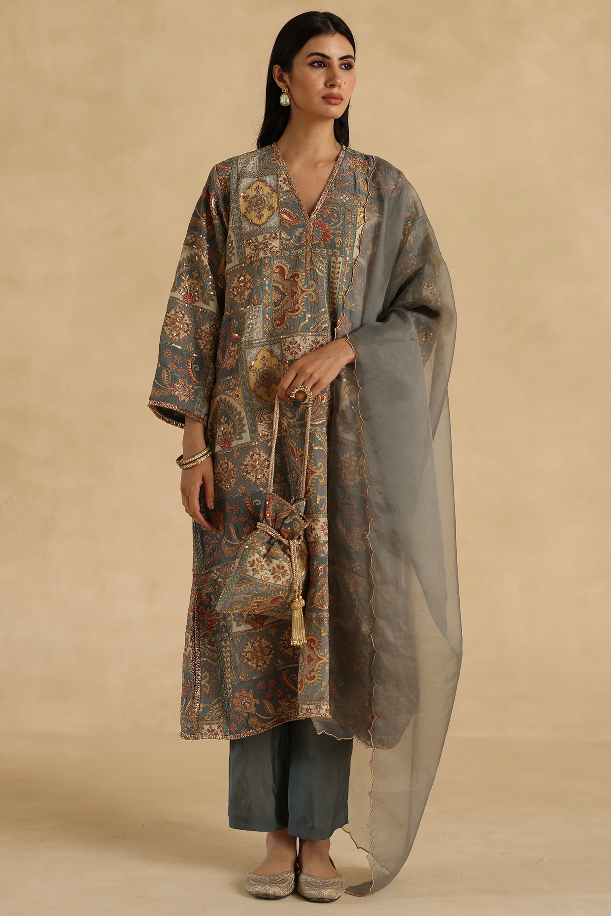 Begum Pret Grey Silk Floral Patchwork Straight Kurta Set