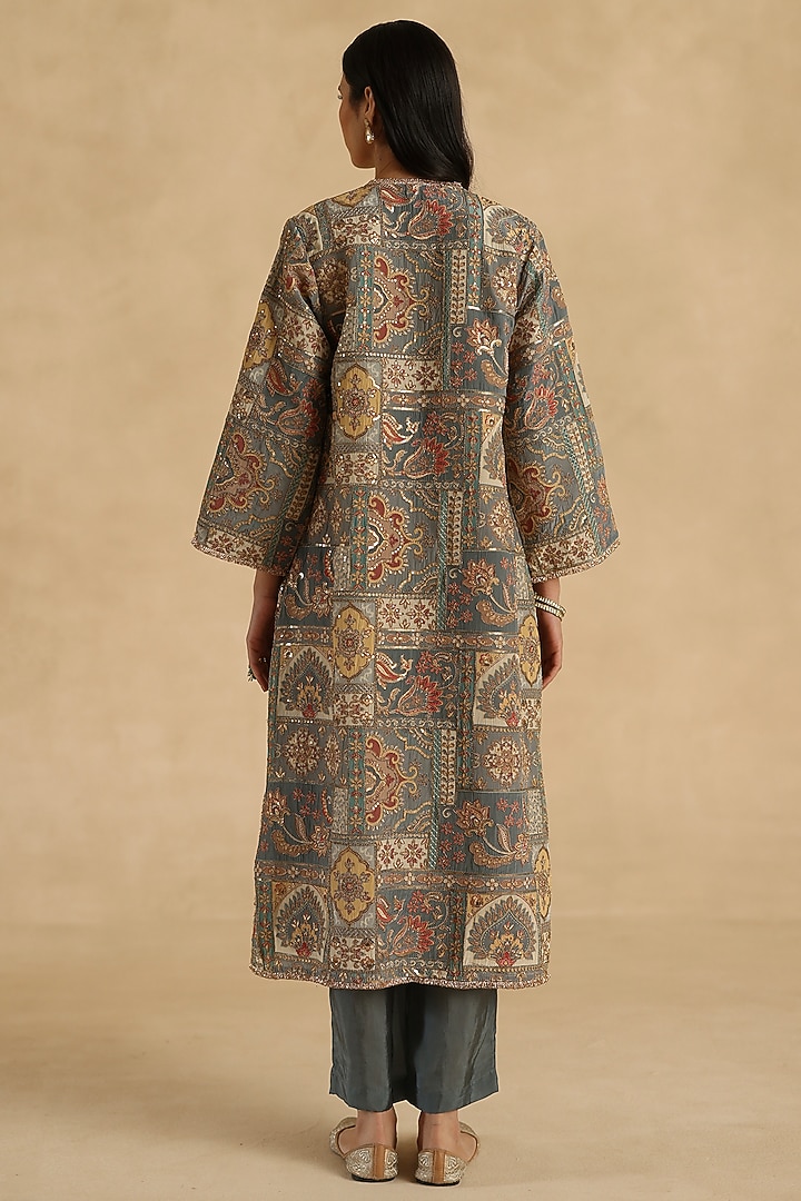 Grey Silk Floral Patchwork Straight Kurta Set by Begum Pret at Pernia's Pop Up Shop