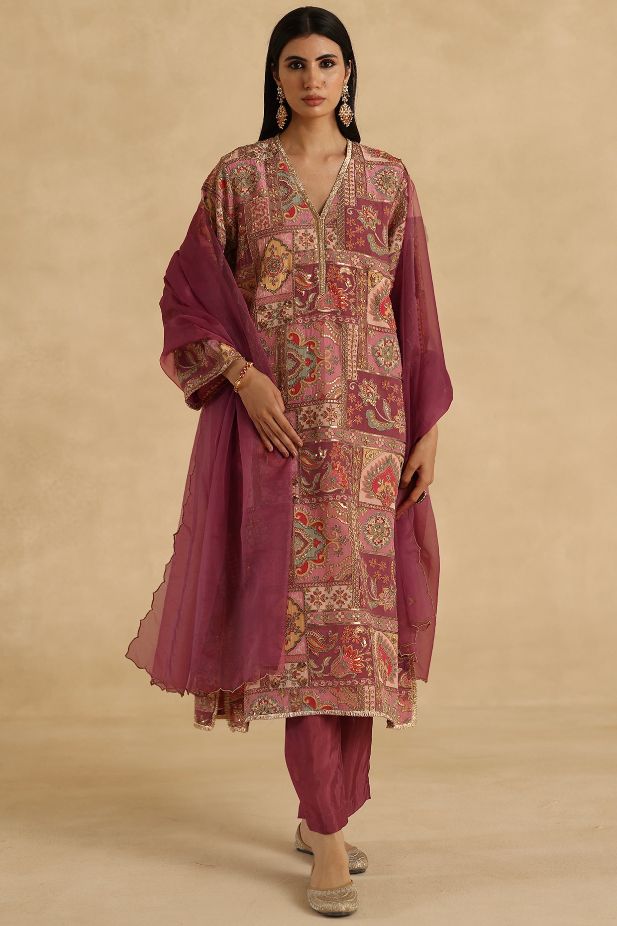 Begum Pret Plum Silk Floral Patchwork Straight Kurta Set
