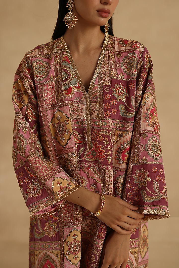Plum Silk Floral Patchwork Straight Kurta Set by Begum Pret at Pernia's Pop Up Shop
