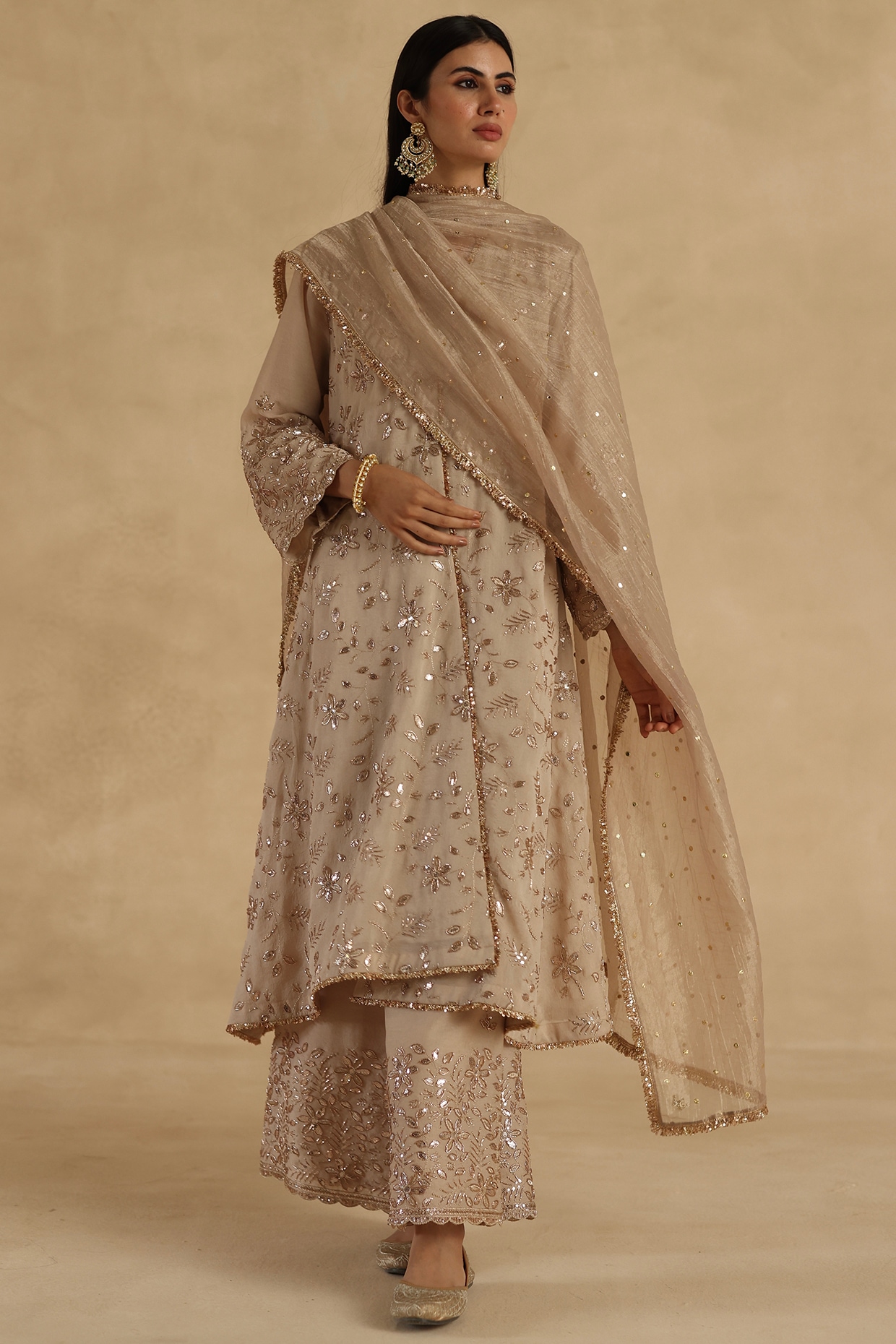 Begum Pret Beige Crushed Crepe Sequins Embroidered Straight Kurta Set