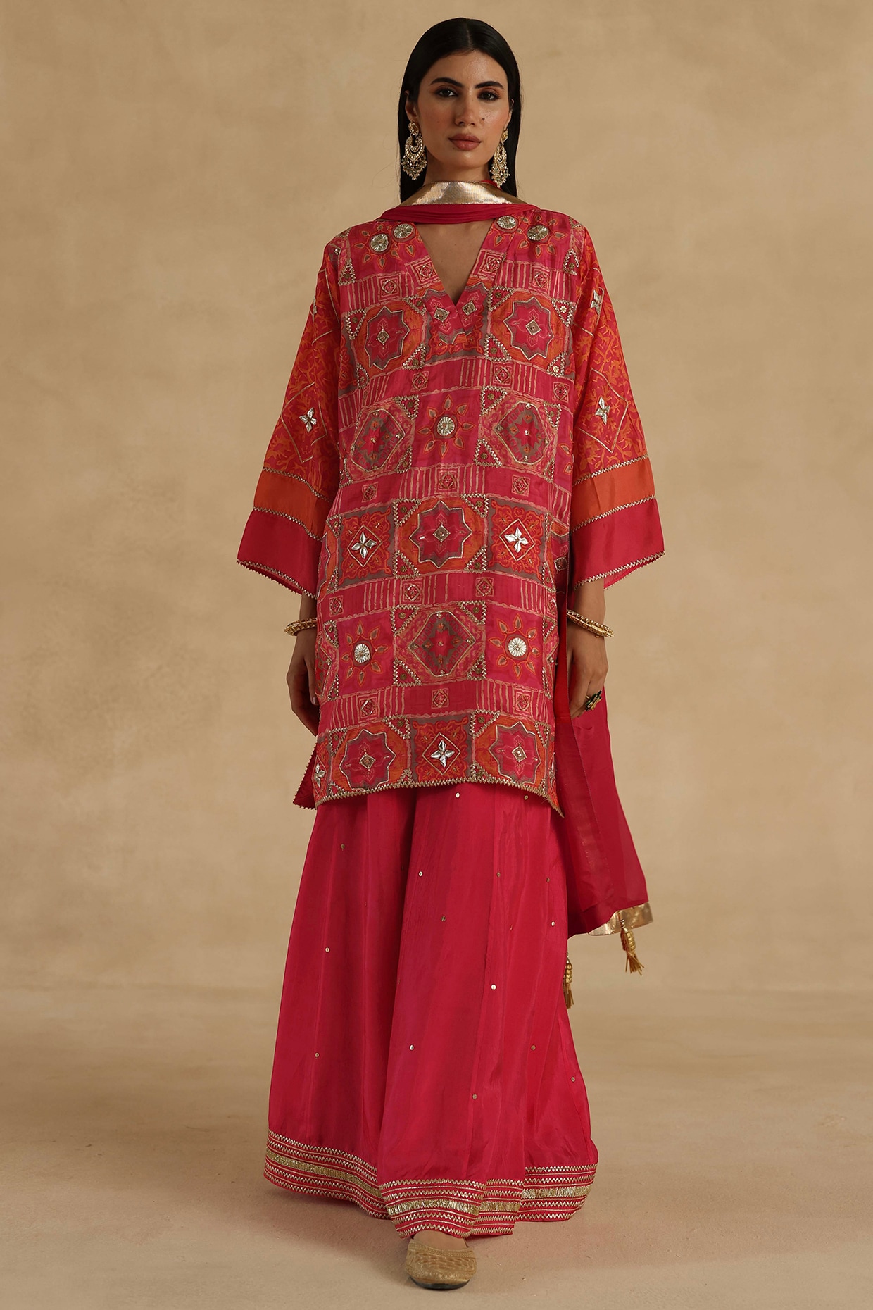 Begum Pret Reddish-Pink Habutai Silk Sharara Set