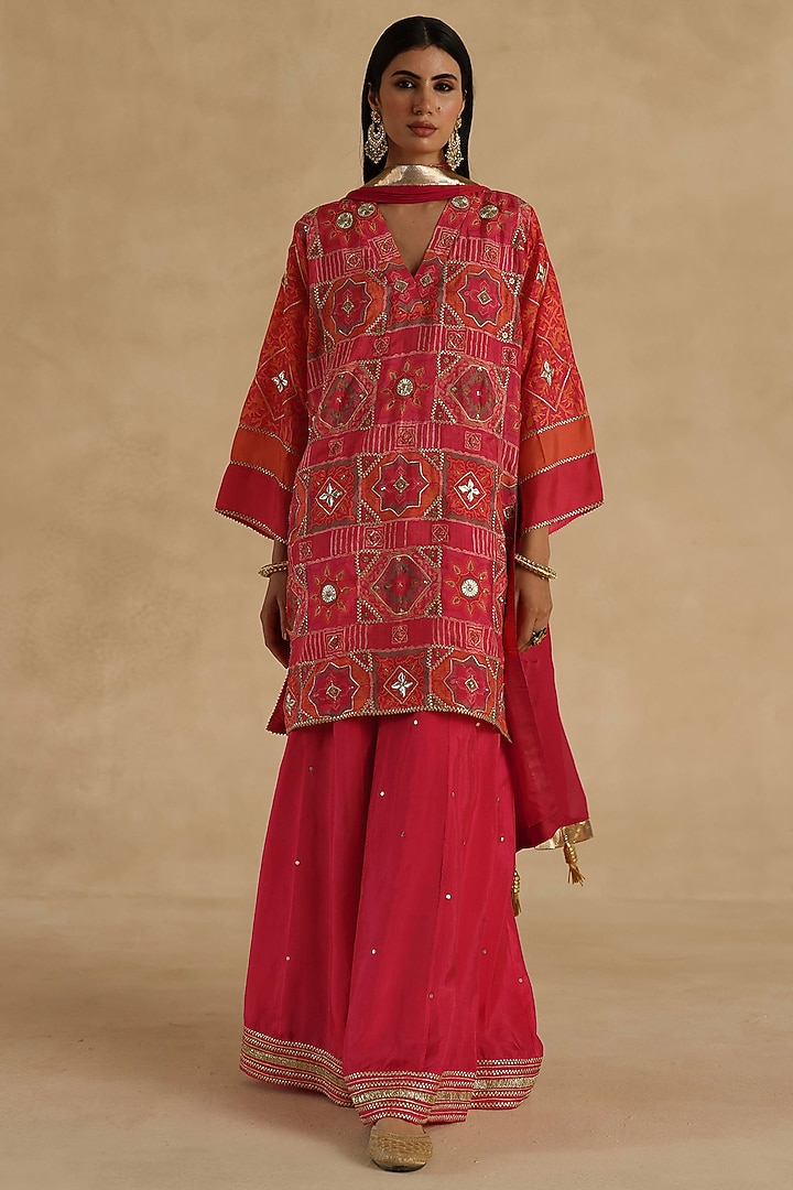 Reddish-Pink Habutai Silk Party Wear Sharara Set by Begum Pret at Pernia's Pop Up Shop