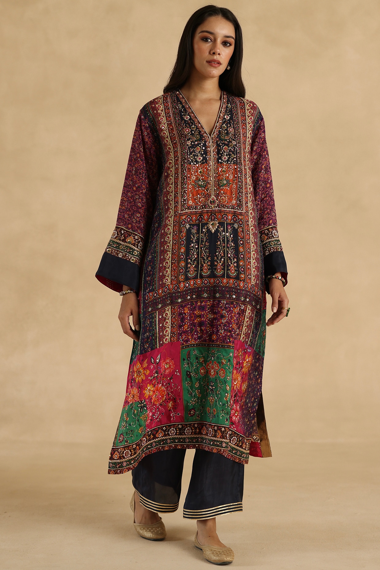 Begum Pret Multi-Colored Habutai Silk Patchwork Kurta Set